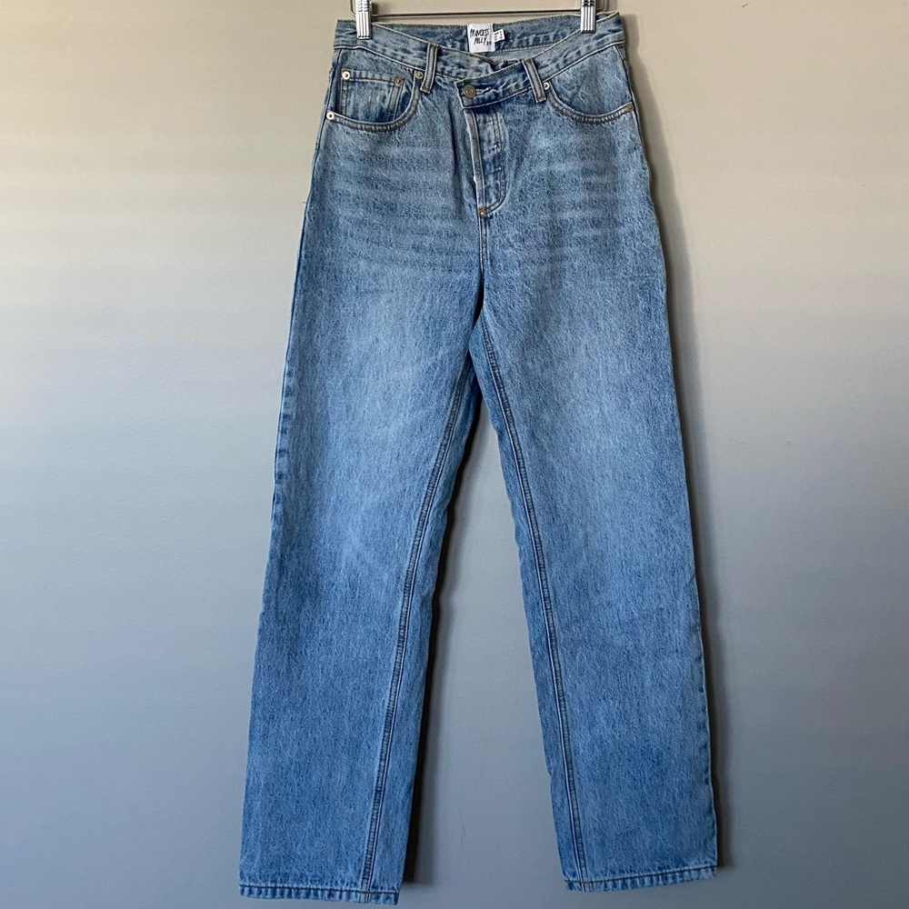 Princess Polly Holly Asymmetric Straight Leg Jean Light Wash Denim